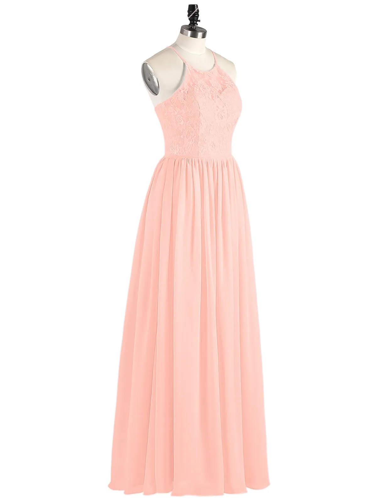 Illusion Neck Lace and Chiffon Maxi Gowns-Coral