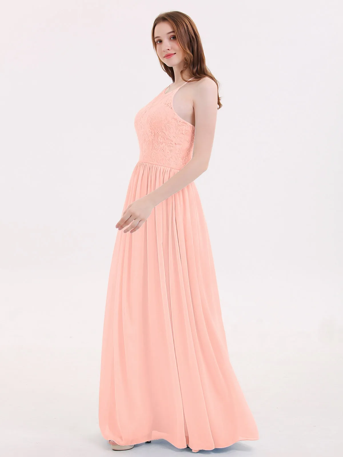 Illusion Neck Lace and Chiffon Maxi Gowns-Coral