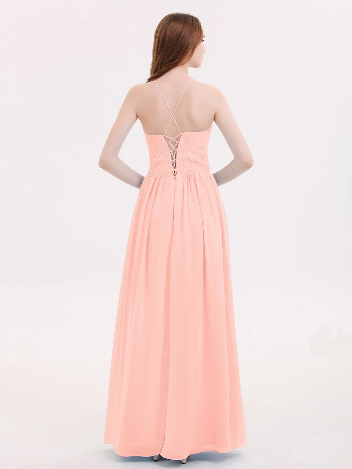 Illusion Neck Lace and Chiffon Maxi Gowns-Coral