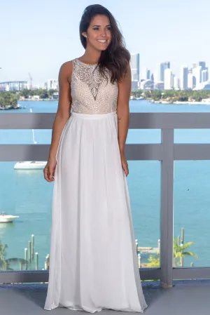 Ivory Mesh Top Maxi Dress with Sequins