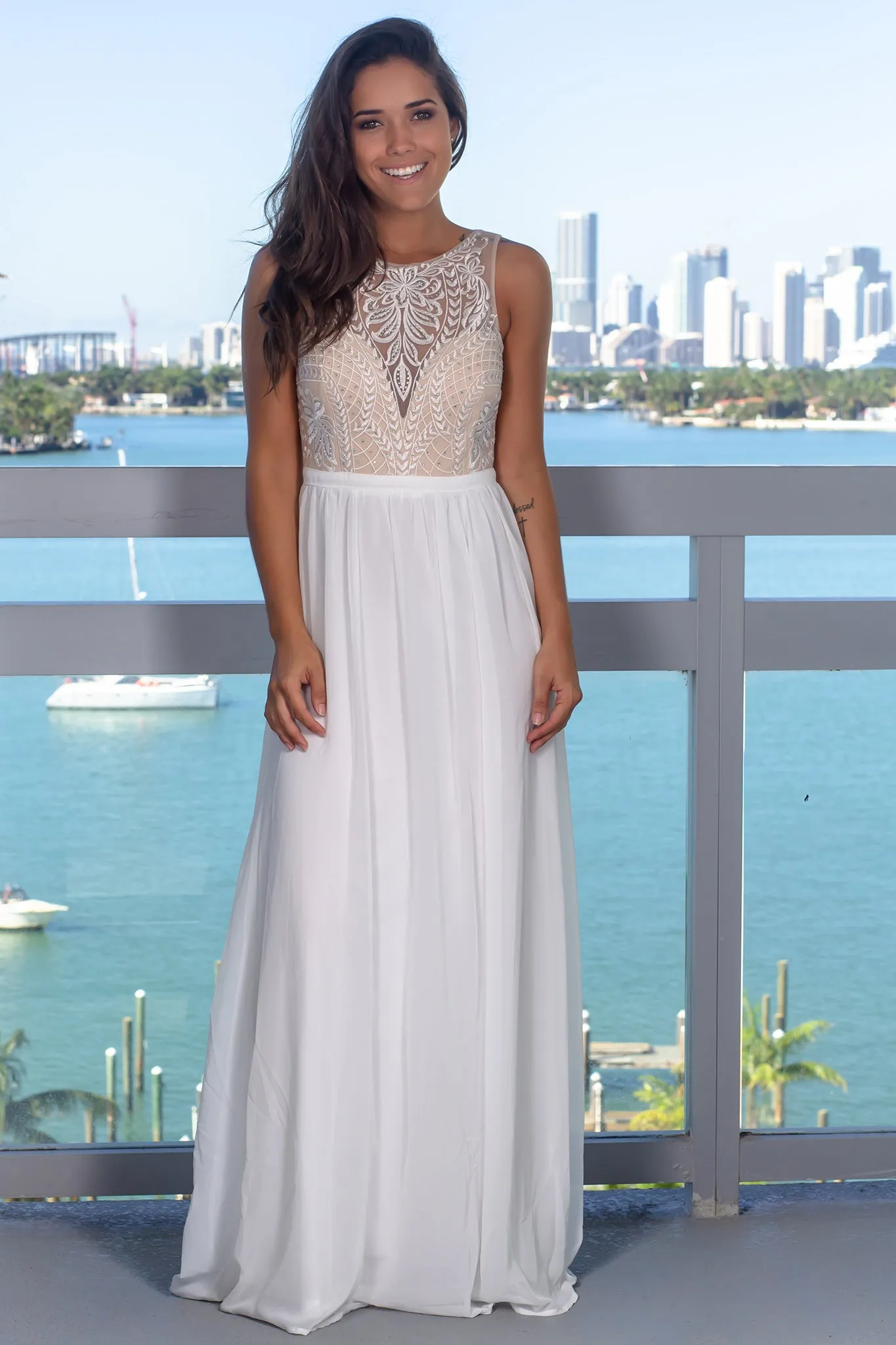 Ivory Mesh Top Maxi Dress with Sequins