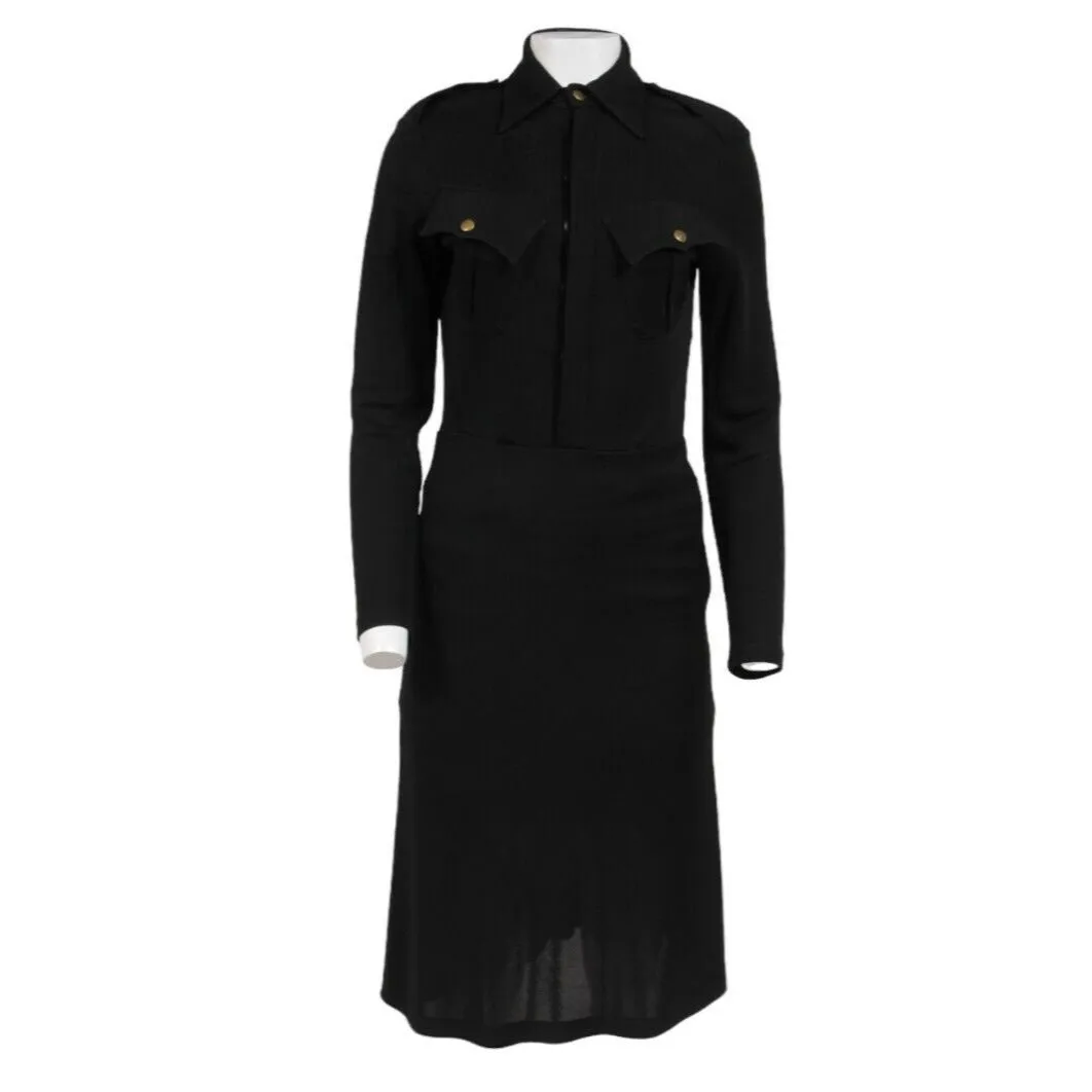 Jean Paul Gaultier Military Midi Dress US 8 Black Collared Long Sleeve