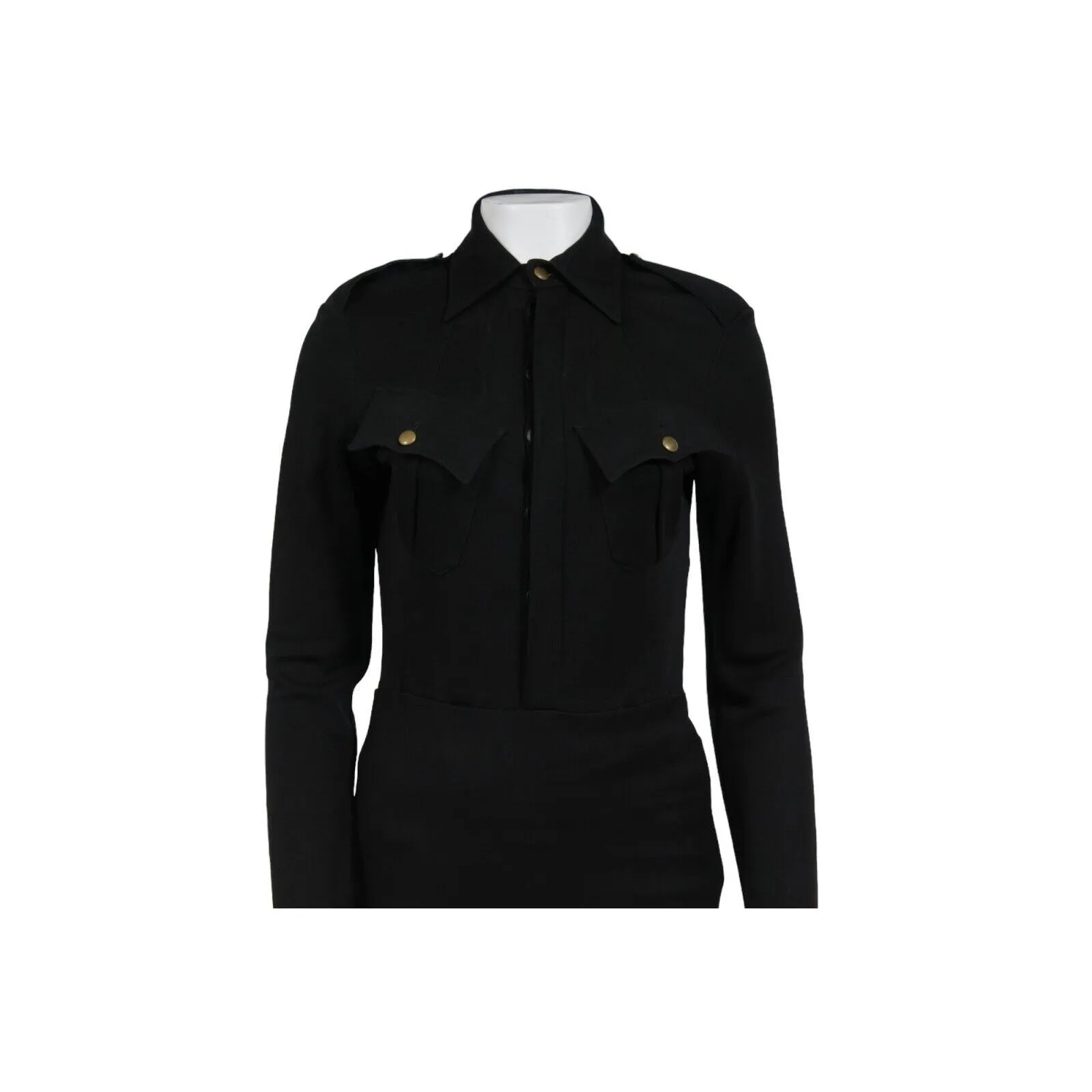 Jean Paul Gaultier Military Midi Dress US 8 Black Collared Long Sleeve