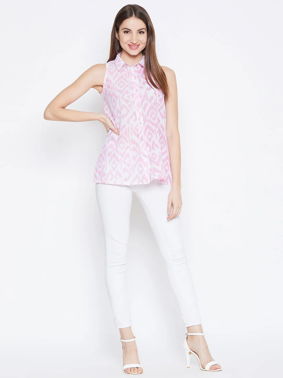 JUMP USA Women White & Pink Printed Casual Shirts