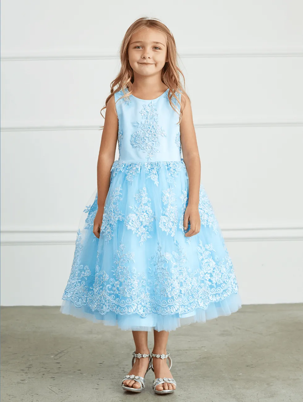 Kids Metallic Lace Embroidered Dress With Tulle Skirt #TK5816 | Norma Reed