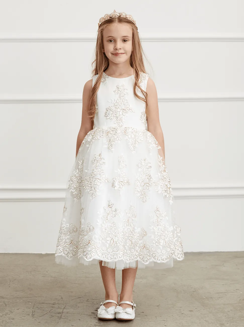 Kids Metallic Lace Embroidered Dress With Tulle Skirt #TK5816 | Norma Reed