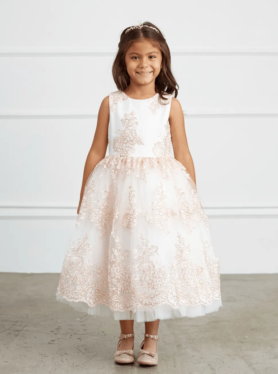 Kids Metallic Lace Embroidered Dress With Tulle Skirt #TK5816 | Norma Reed