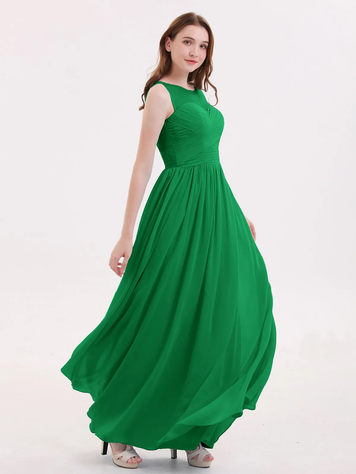 Long Chiffon Gowns with Illusion Neckline-Emerald Plus Size