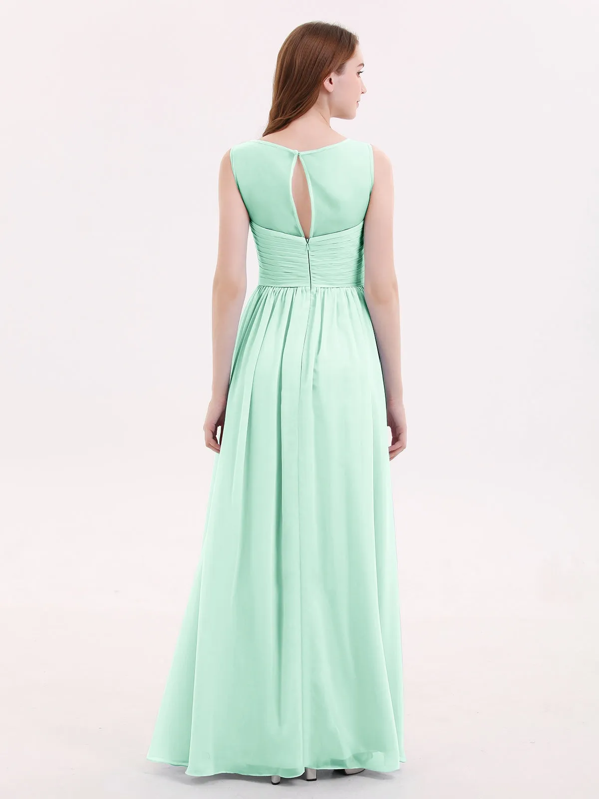 Long Chiffon Gowns with Illusion Neckline-Mint Green