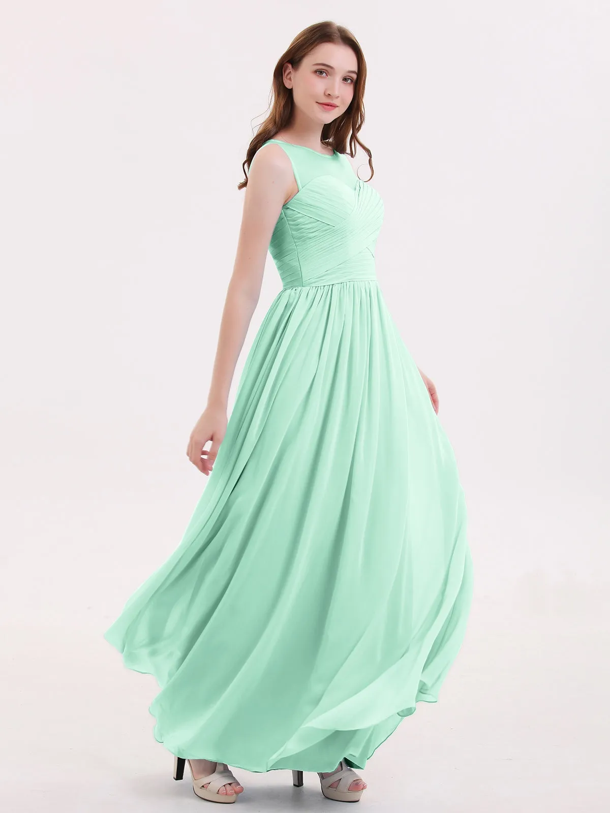 Long Chiffon Gowns with Illusion Neckline-Mint Green