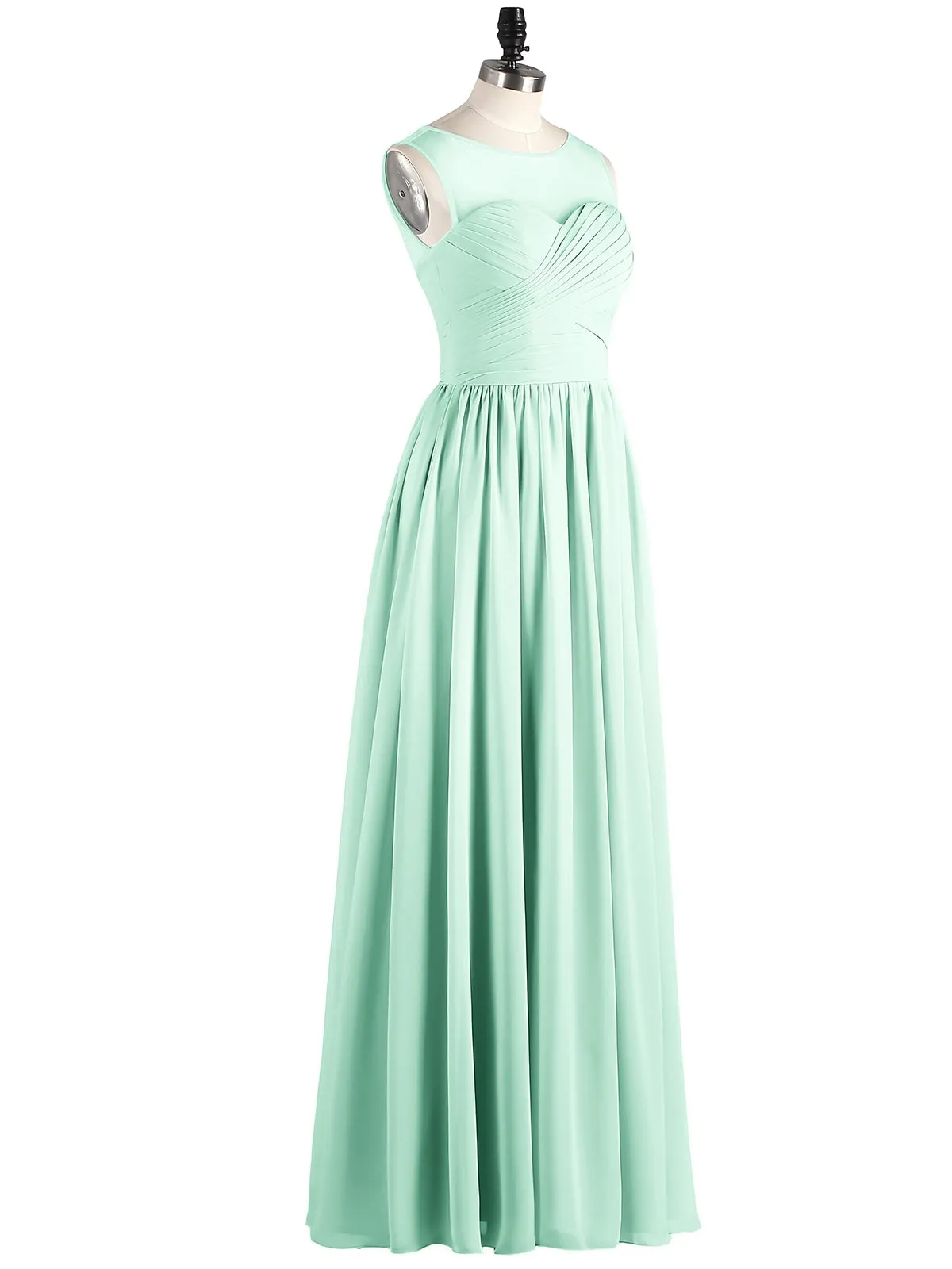 Long Chiffon Gowns with Illusion Neckline-Mint Green