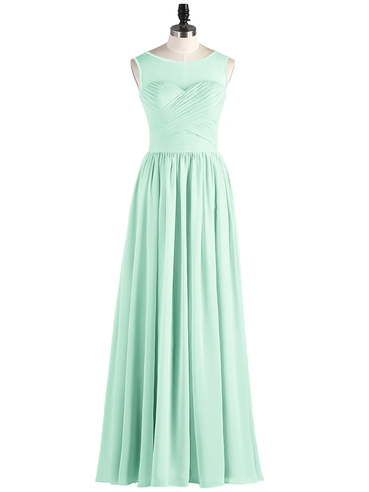 Long Chiffon Gowns with Illusion Neckline-Mint Green