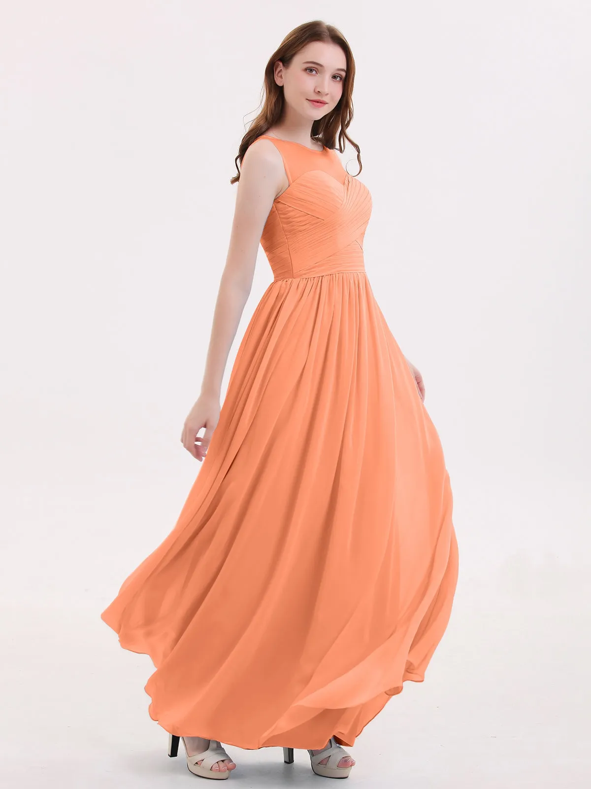 Long Chiffon Gowns with Illusion Neckline-Papaya