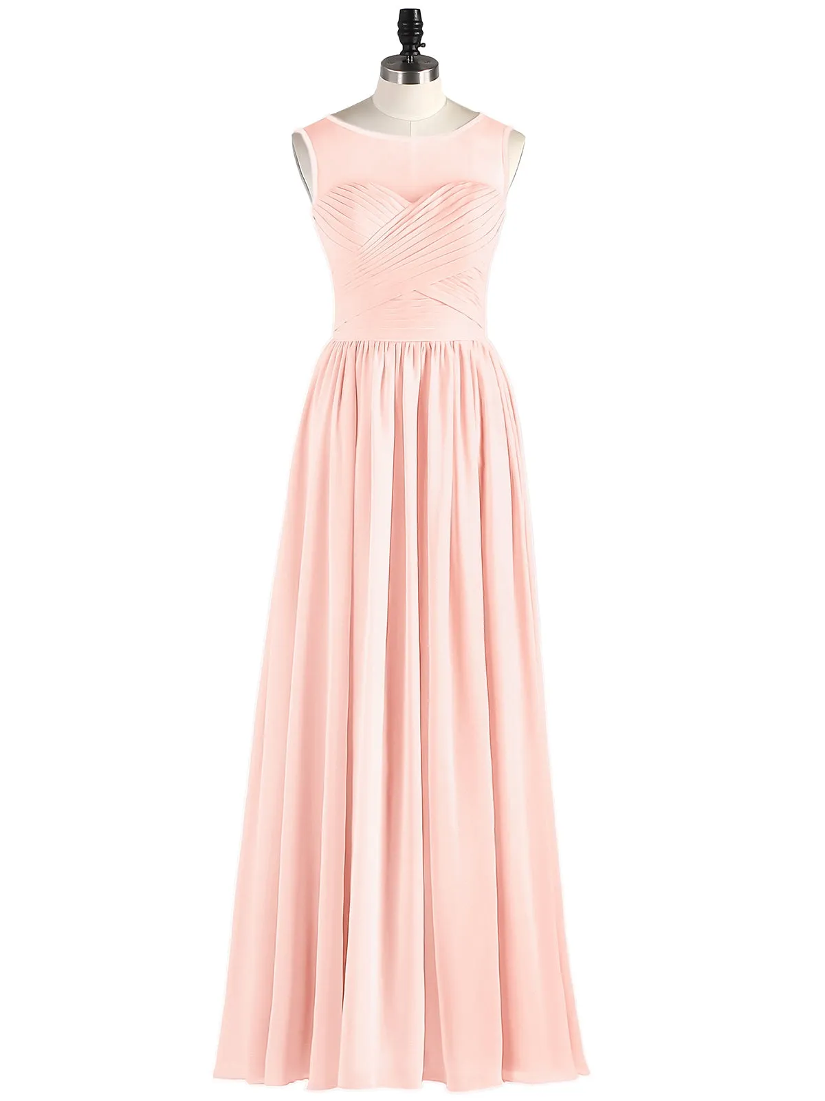 Long Chiffon Gowns with Illusion Neckline-Pearl Pink