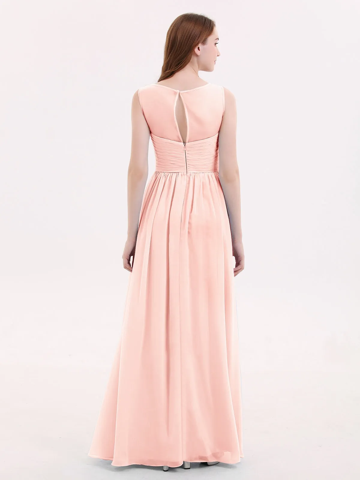 Long Chiffon Gowns with Illusion Neckline-Pearl Pink