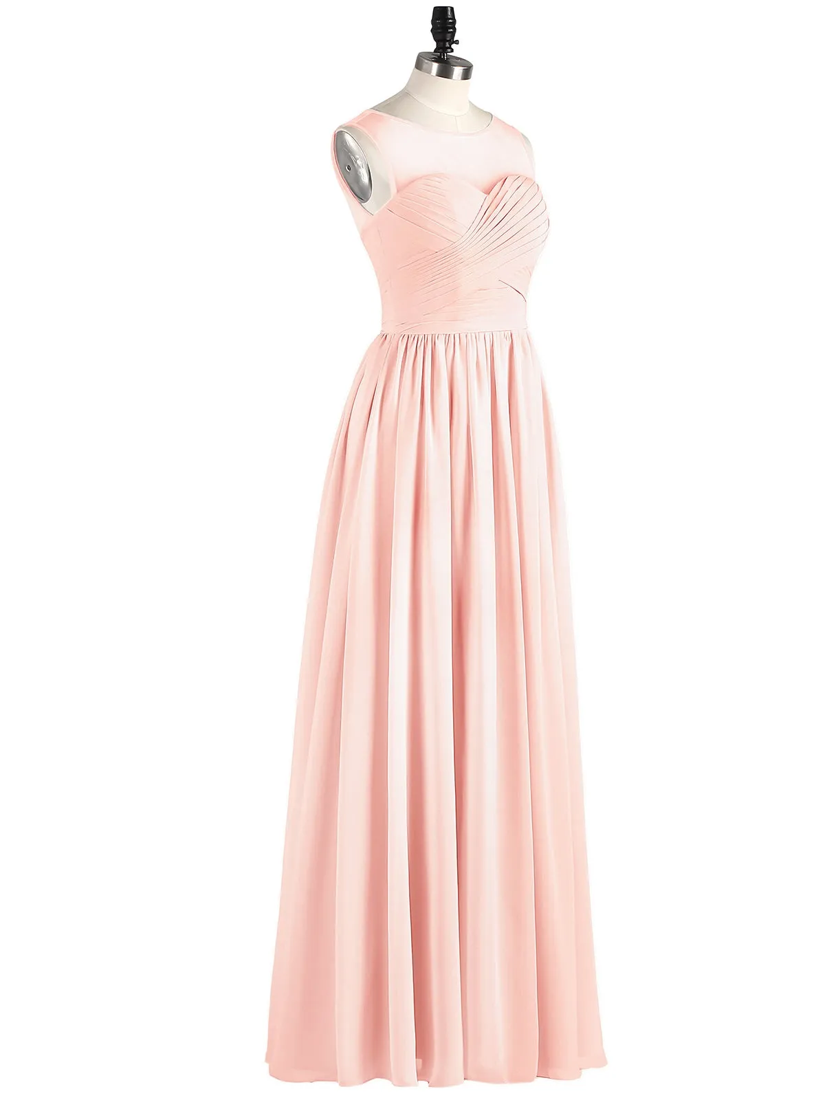 Long Chiffon Gowns with Illusion Neckline-Pearl Pink
