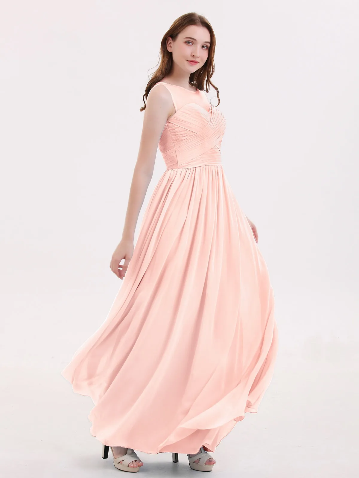 Long Chiffon Gowns with Illusion Neckline-Pearl Pink