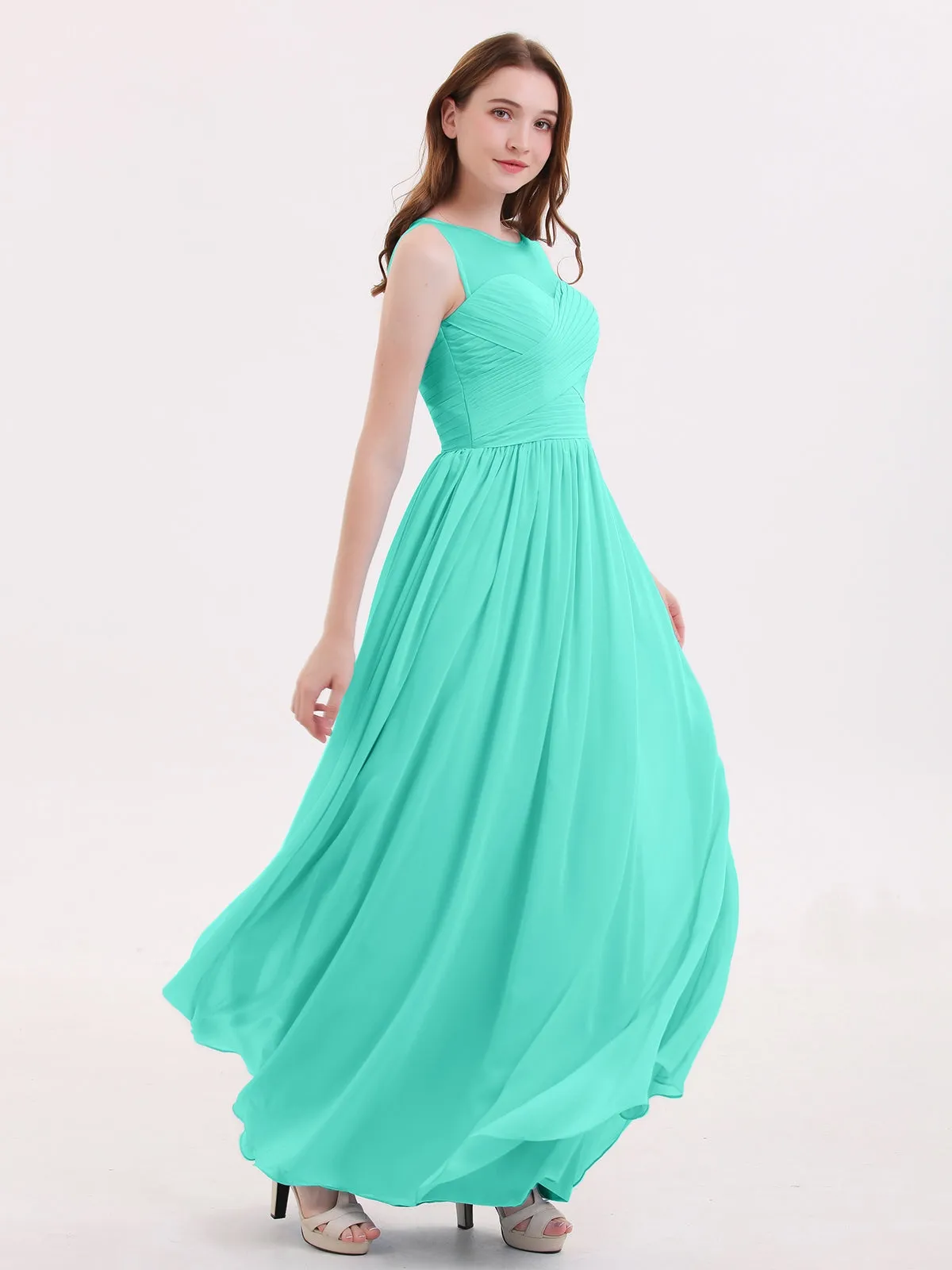 Long Chiffon Gowns with Illusion Neckline-Spa