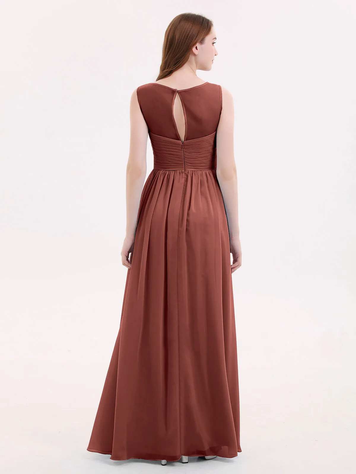 Long Chiffon Gowns with Illusion Neckline-Terracotta