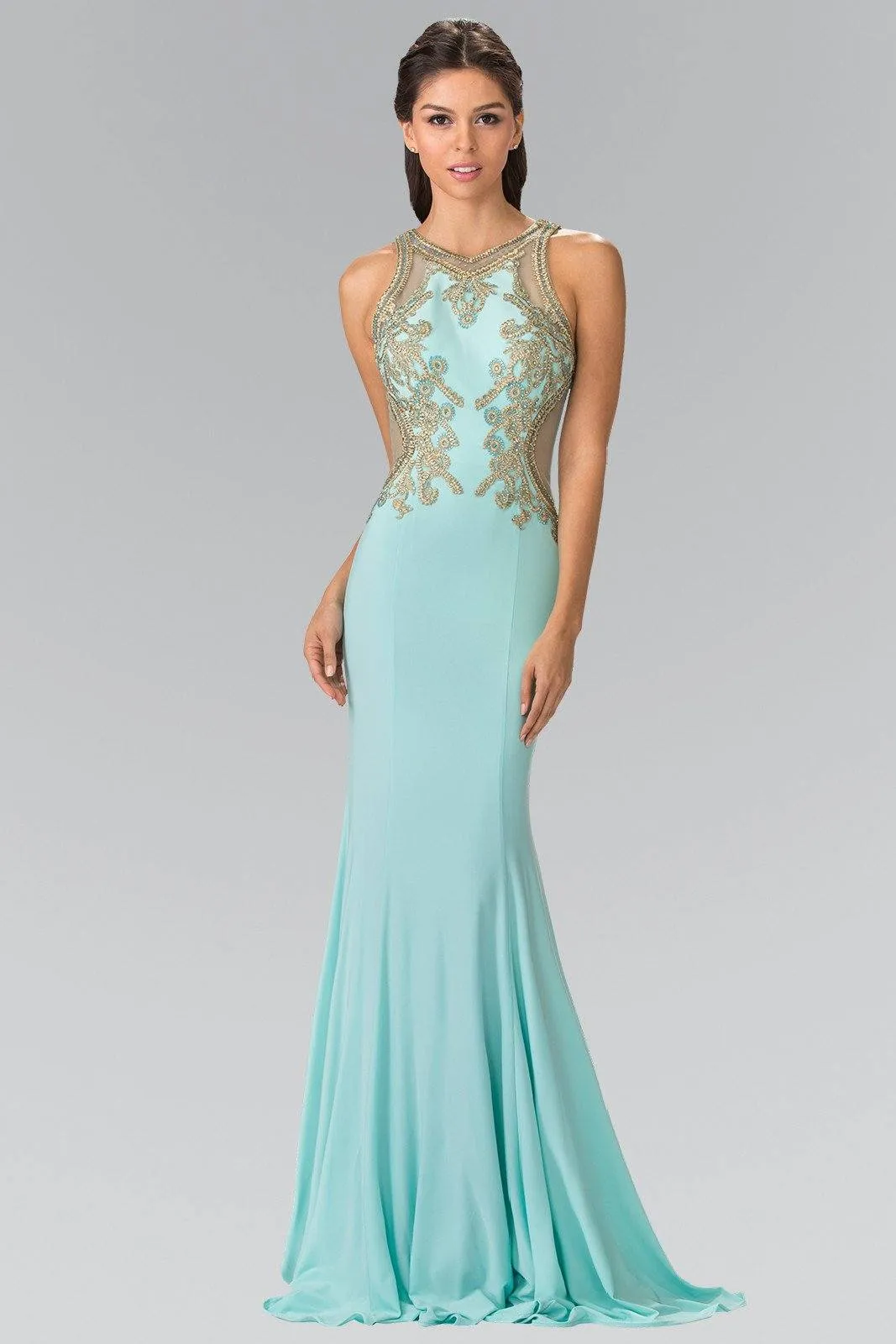 Long Sleeveless Beaded Illusion Dress by Elizabeth K GL2321