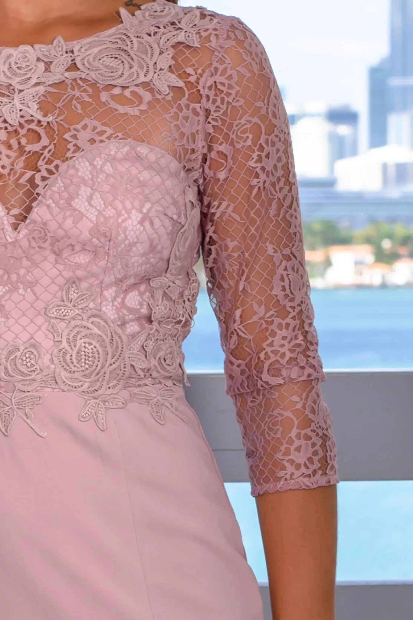 Mauve Embroidered Top Maxi Dress with 3/4 Sleeves