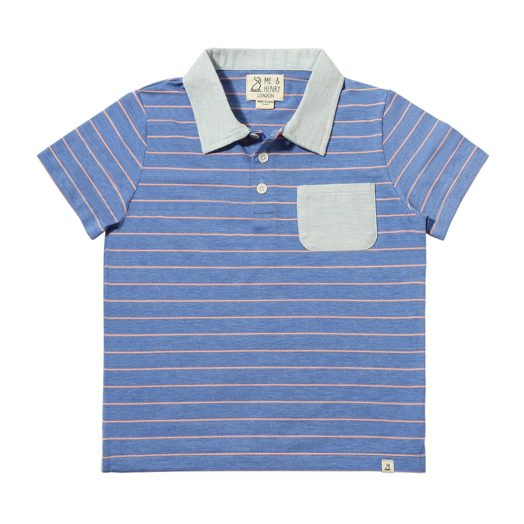 Me & Henry Anchor Polo Shirt / Royal & Pink Striped Slub