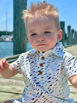 Me & Henry Drift Printed Polo Romper / Blue & Yellow Fish