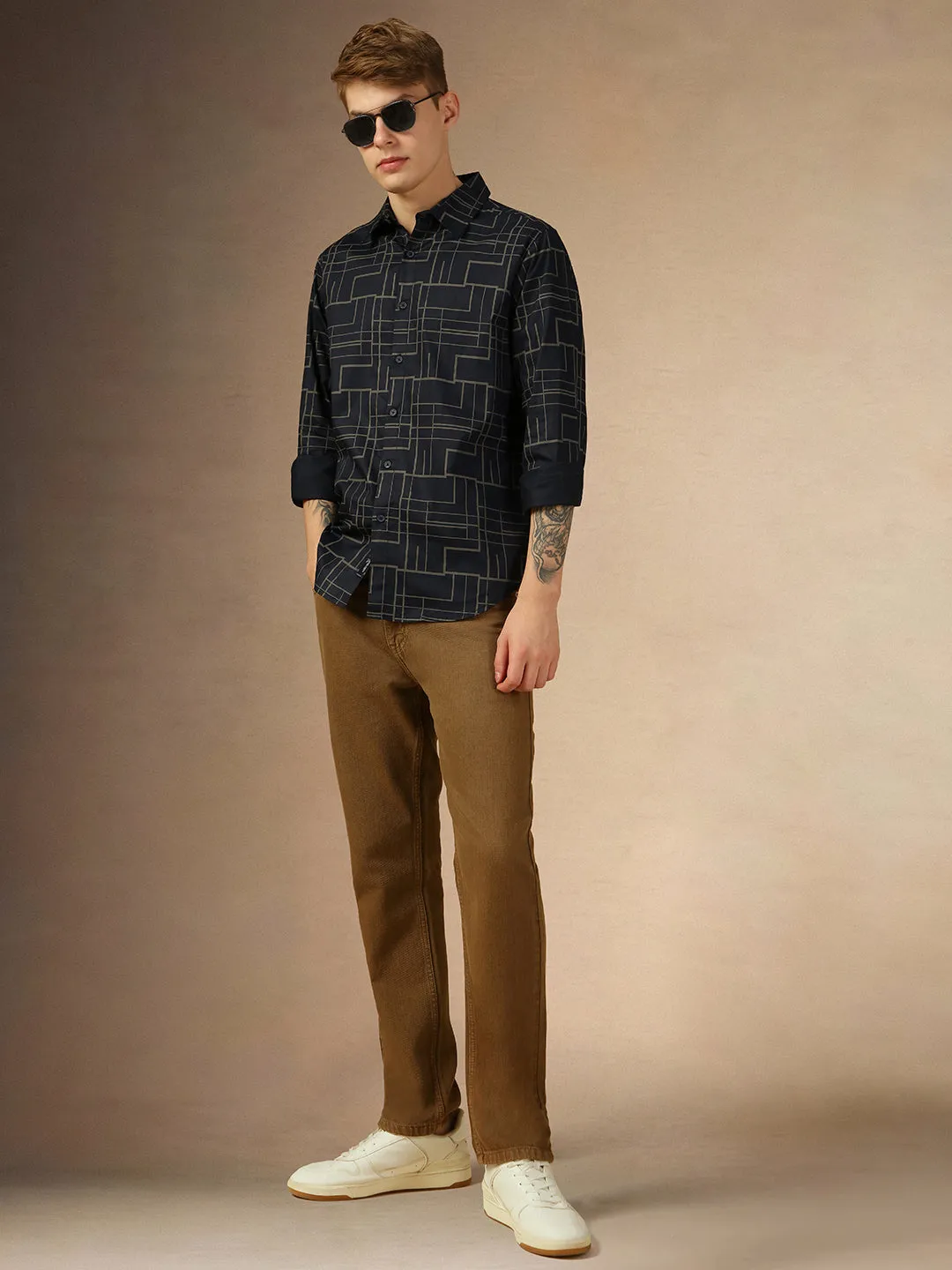 Men's Blue Printed Spread Collar Full Sleeves Regular Fit Shirt