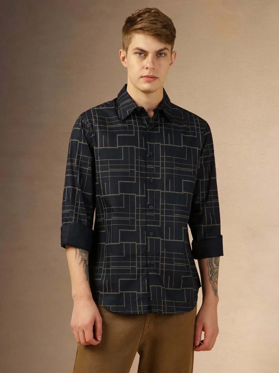 Men's Blue Printed Spread Collar Full Sleeves Regular Fit Shirt