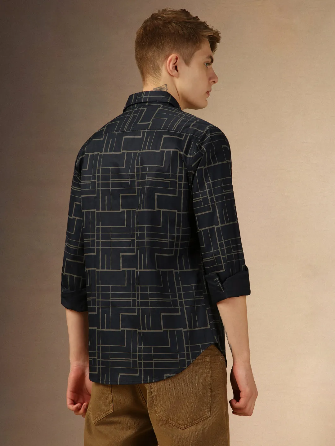 Men's Blue Printed Spread Collar Full Sleeves Regular Fit Shirt