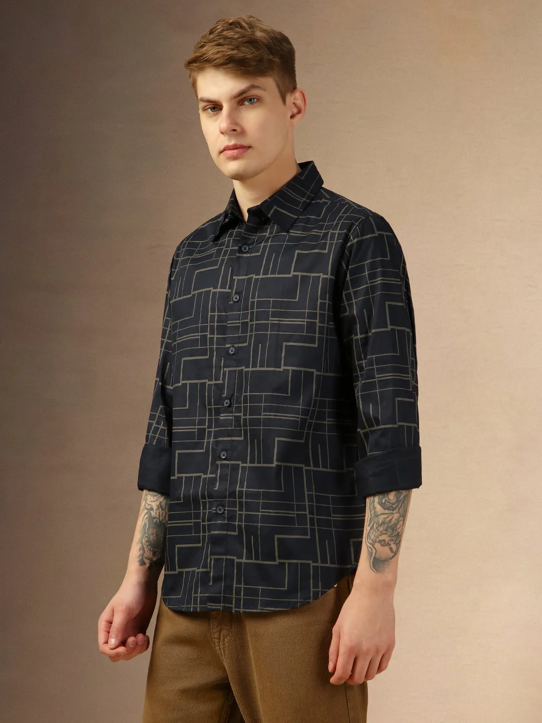 Men's Blue Printed Spread Collar Full Sleeves Regular Fit Shirt