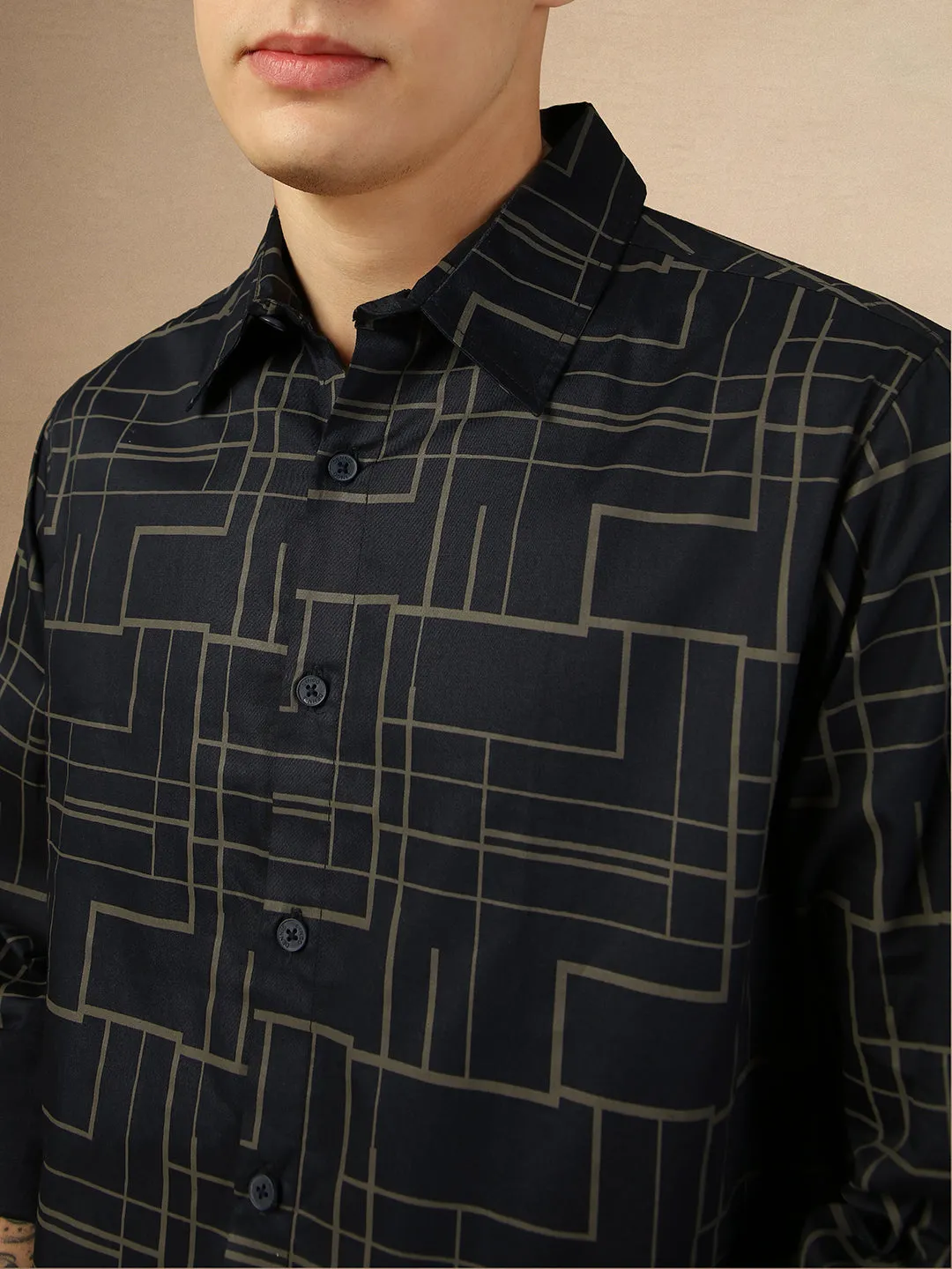 Men's Blue Printed Spread Collar Full Sleeves Regular Fit Shirt