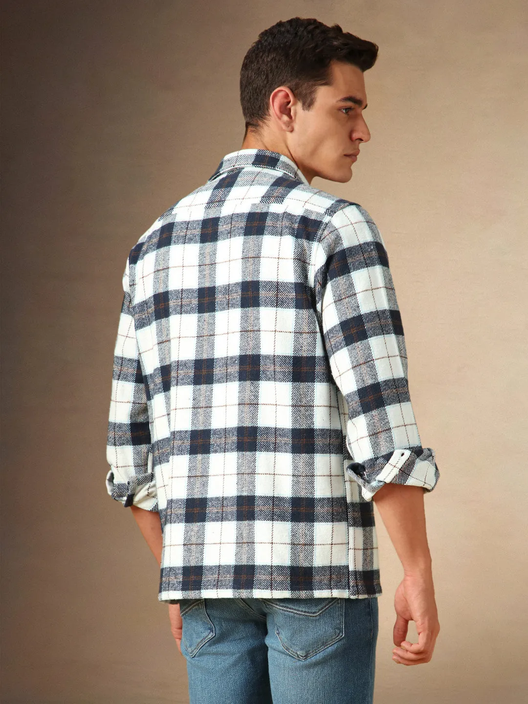 Men's White Checks Spread Collar Full Sleeves Casual Flannel Shacket