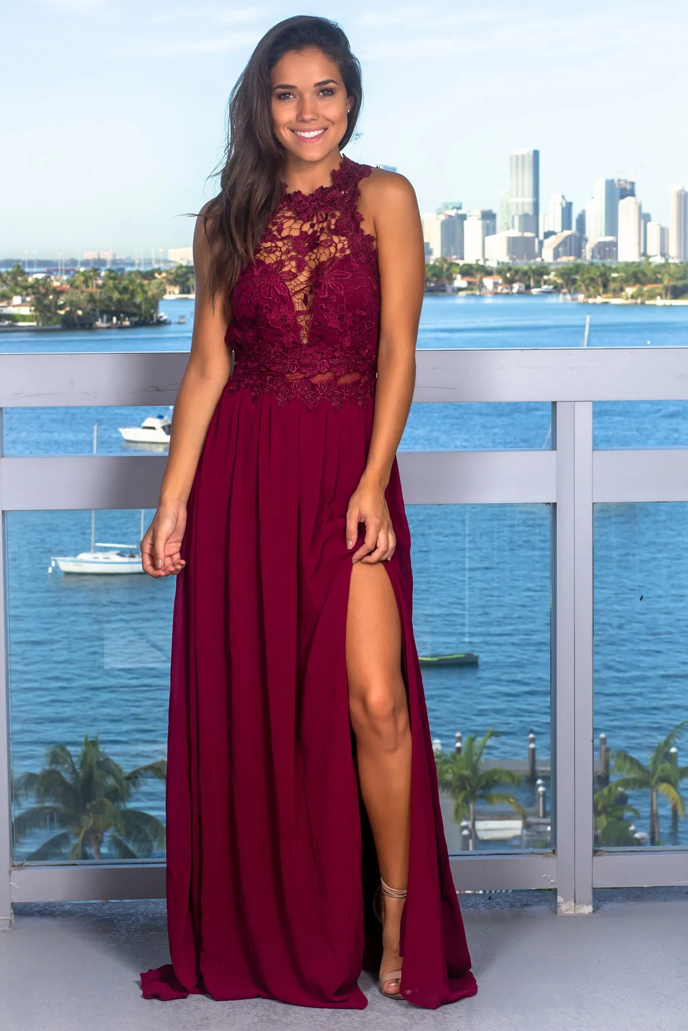 Merlot Embroidered Top Maxi Dress