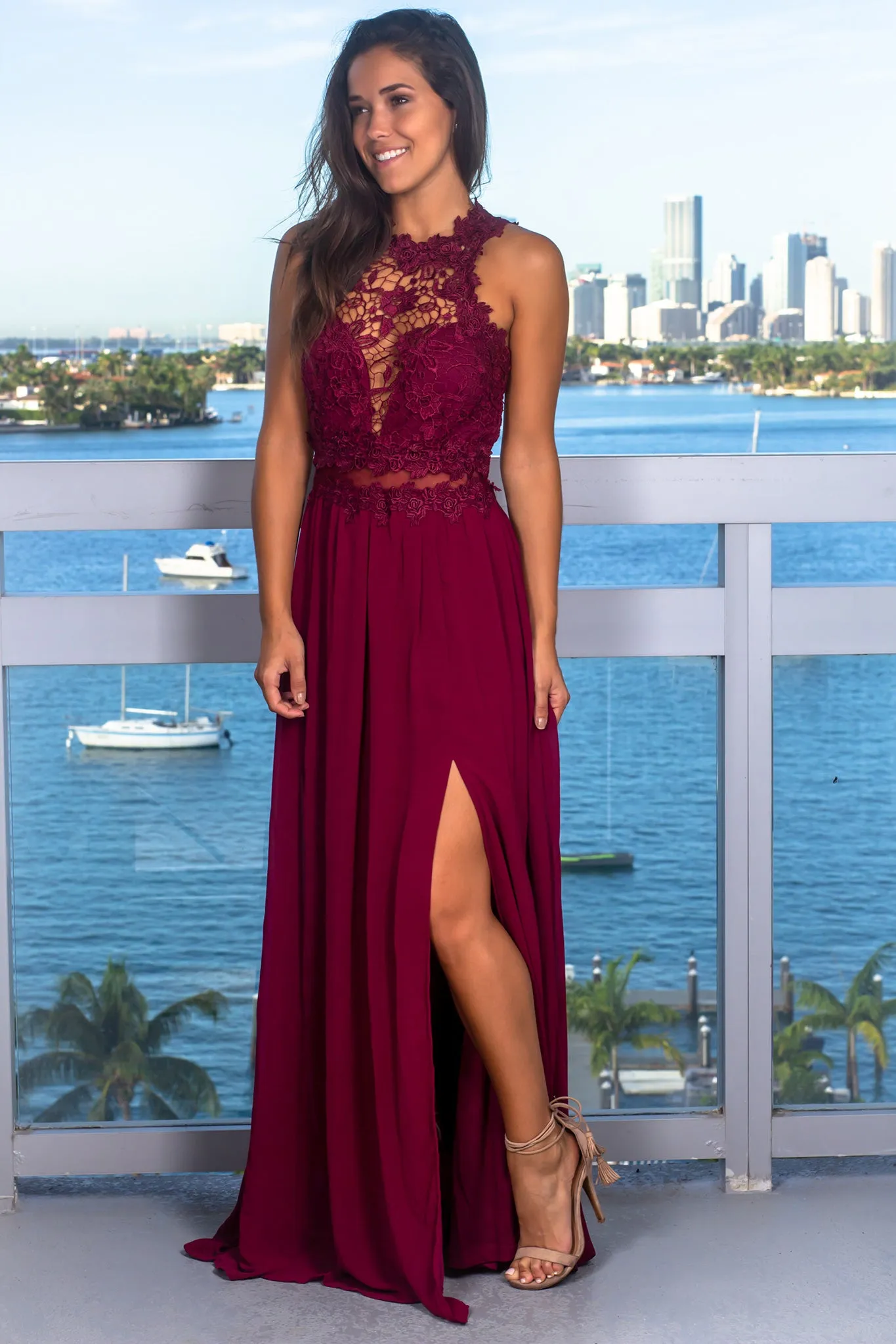 Merlot Embroidered Top Maxi Dress