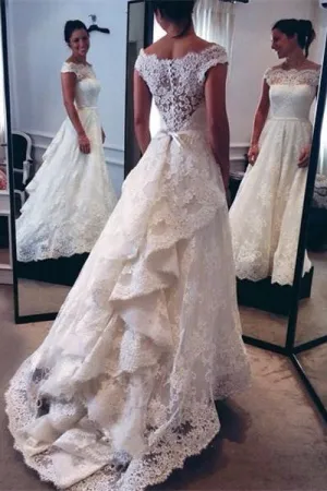 Modest Ivory Cap Sleeves Lace Long Wedding Dress,Wedding Gowns