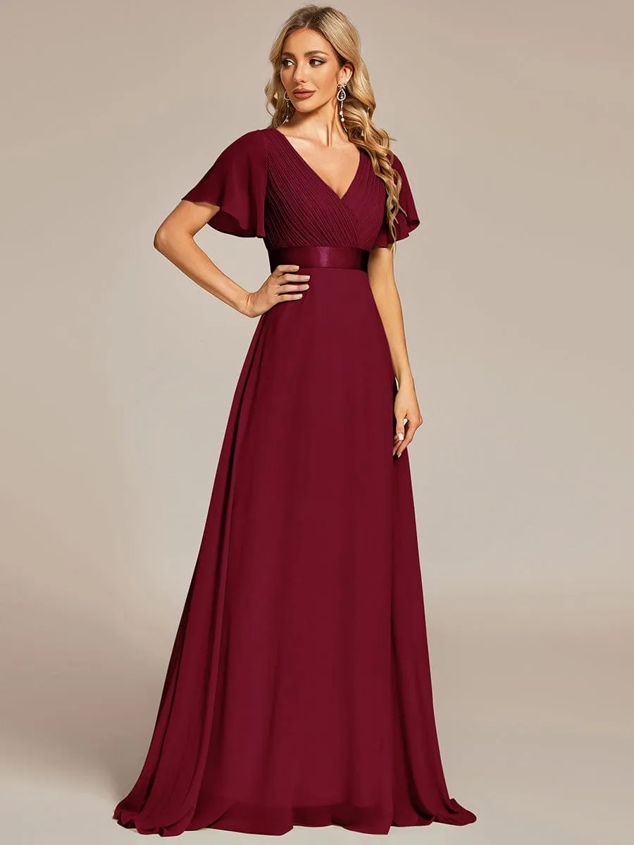 Monica | Long Empire Waist Bridesmaid Dress with Short Flutter Sleeves