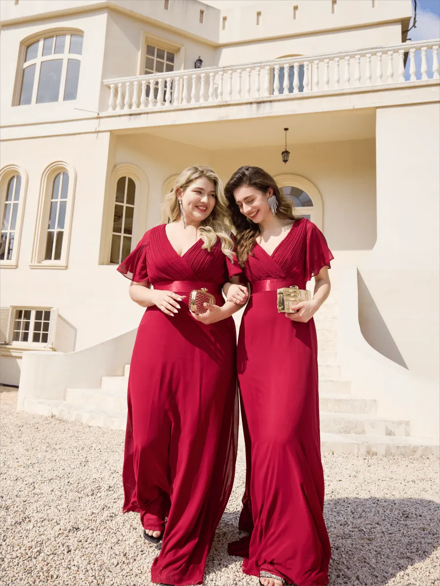 Monica | Long Empire Waist Bridesmaid Dress with Short Flutter Sleeves