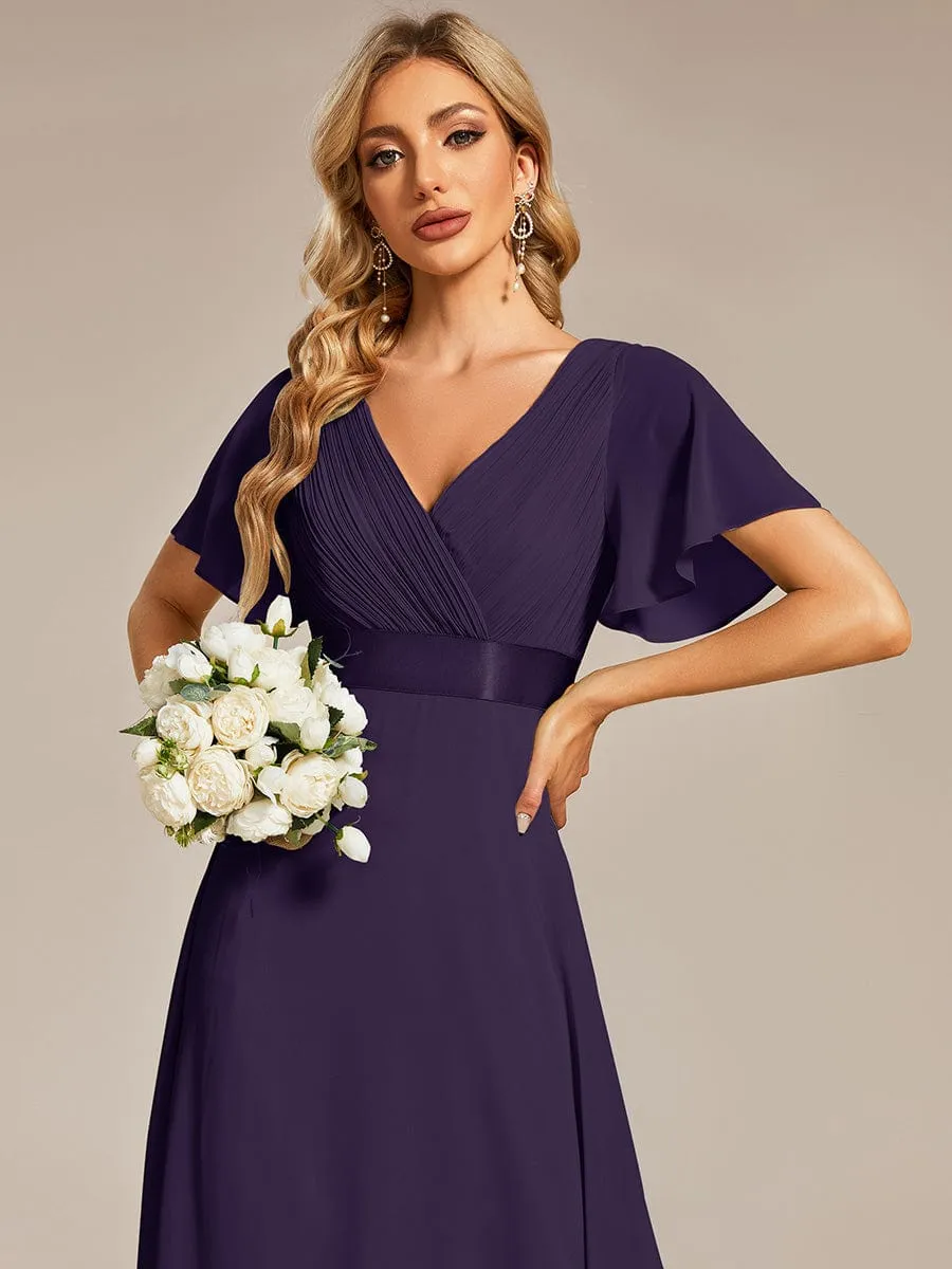 Monica | Long Empire Waist Bridesmaid Dress with Short Flutter Sleeves