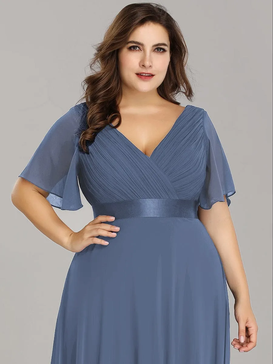 Monica | Long Empire Waist Bridesmaid Dress with Short Flutter Sleeves