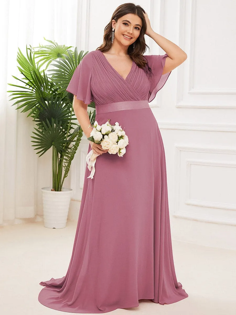 Monica | Long Empire Waist Bridesmaid Dress with Short Flutter Sleeves