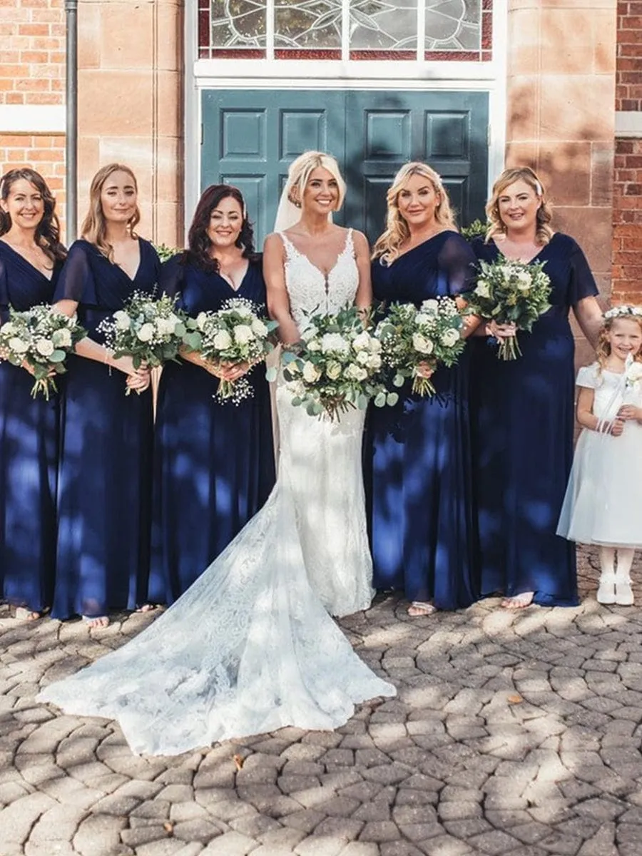 Monica | Long Empire Waist Bridesmaid Dress with Short Flutter Sleeves