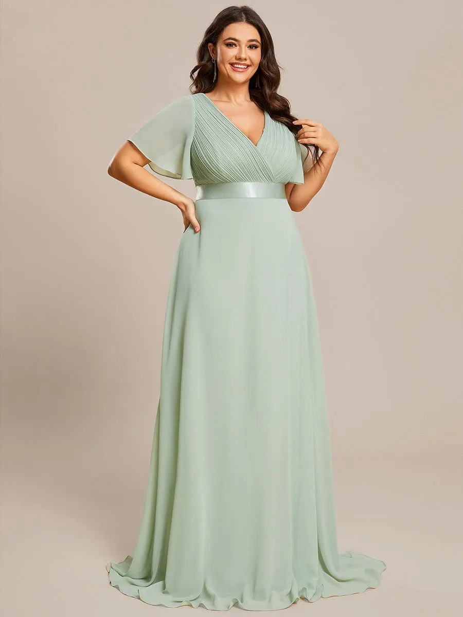 Monica | Long Empire Waist Bridesmaid Dress with Short Flutter Sleeves
