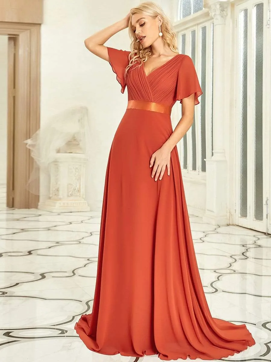Monica | Long Empire Waist Bridesmaid Dress with Short Flutter Sleeves