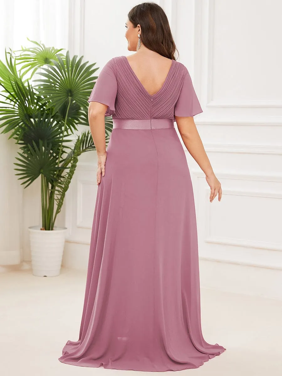 Monica | Long Empire Waist Bridesmaid Dress with Short Flutter Sleeves