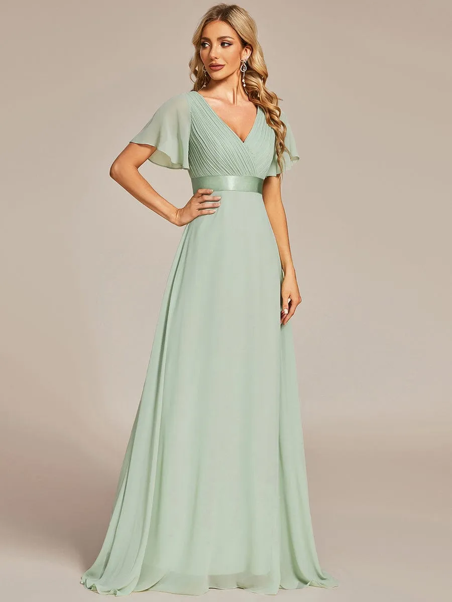 Monica | Long Empire Waist Bridesmaid Dress with Short Flutter Sleeves