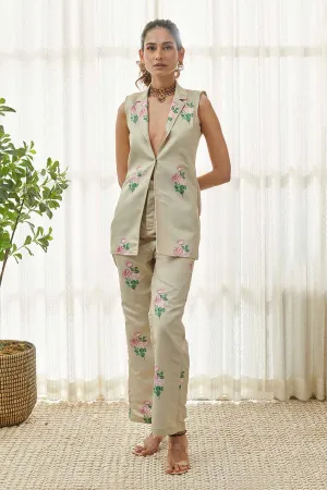 Moss Green Floral Printed Blazer & Pant Set