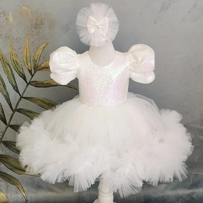 MQTIME  -  White Flower Girl Dresses Tulle Sequin With Bow Short Sleeve For Wedding Birthday First Communion Gowns