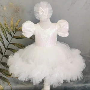 MQTIME  -  White Flower Girl Dresses Tulle Sequin With Bow Short Sleeve For Wedding Birthday First Communion Gowns
