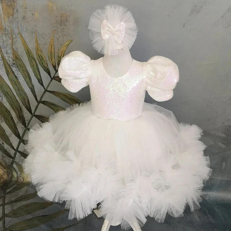 MQTIME  -  White Flower Girl Dresses Tulle Sequin With Bow Short Sleeve For Wedding Birthday First Communion Gowns